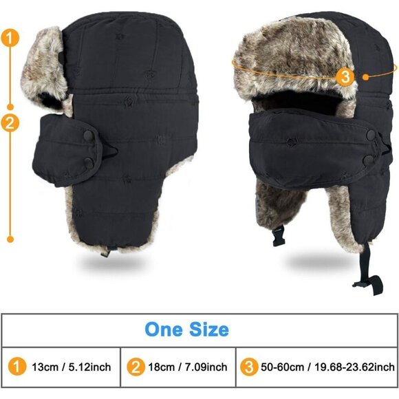 Men\'s Dark Black Trapper Hat, Winter Warm Trooper Hats with Ear Flaps and Mask main image 4